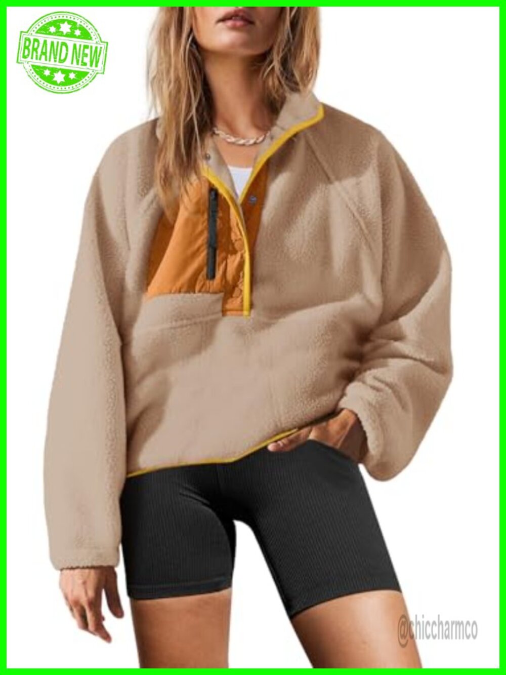 Sherpa Fleece Pullover Sweatshirt Button Down Jacket with Pockets